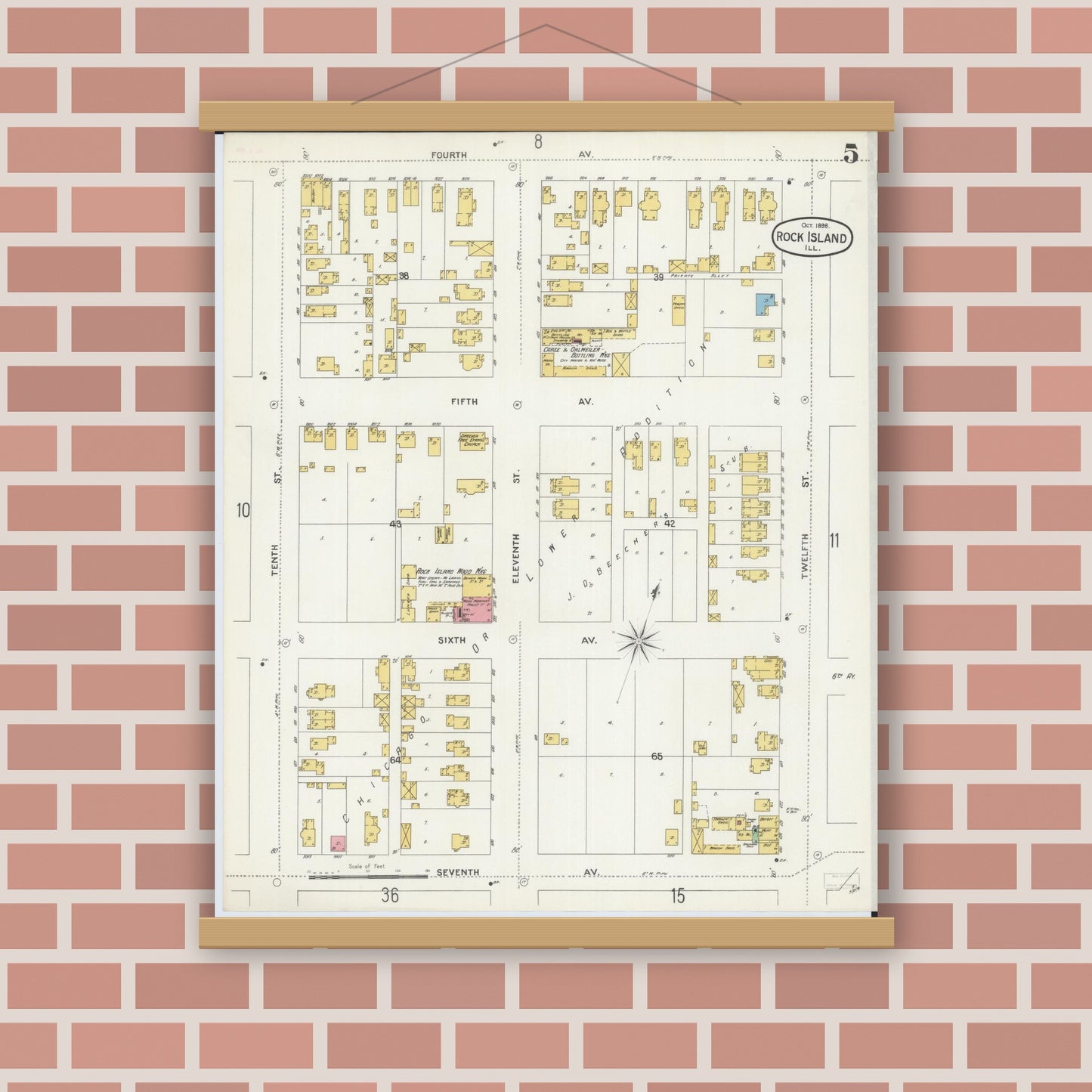 Old map wall art mockup — magnetic wood frame on brick wall — Sanborn Fire Insurance Map from Rock Island, Rock Island County, Illinois (1898), Sheet #0005