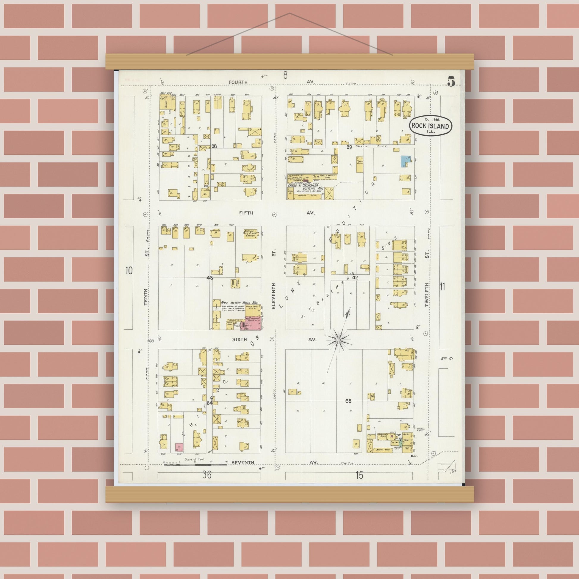 Old map wall art mockup — magnetic wood frame on brick wall — Sanborn Fire Insurance Map from Rock Island, Rock Island County, Illinois (1898), Sheet #0005