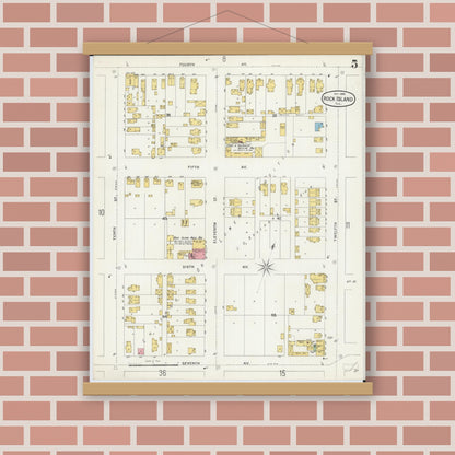 Old map wall art mockup — magnetic wood frame on brick wall — Sanborn Fire Insurance Map from Rock Island, Rock Island County, Illinois (1898), Sheet #0005