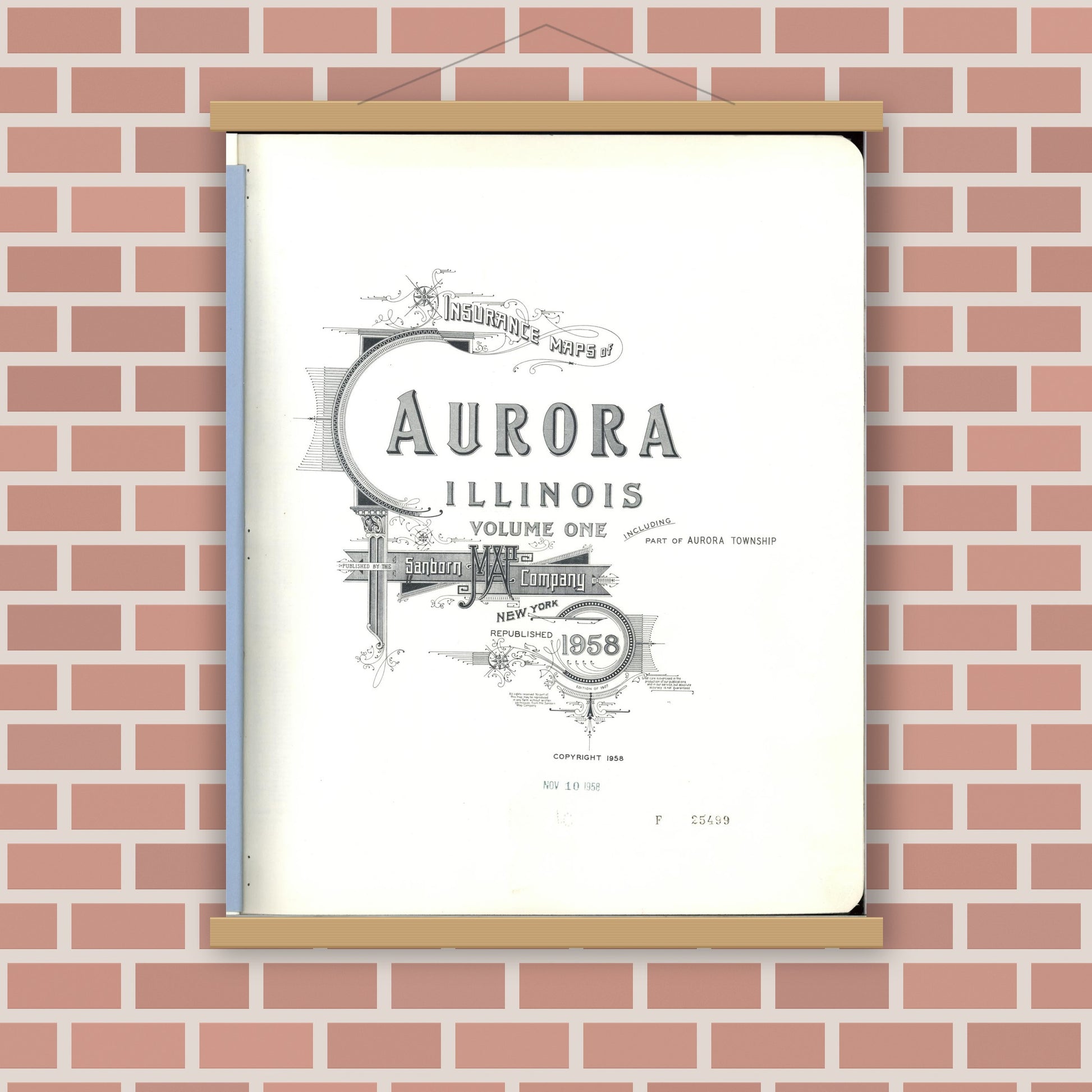 Old map wall art mockup — magnetic wood frame on brick wall — Sanborn Fire Insurance Map from Aurora, Kane County, Illinois (1958) - Complete Map Set