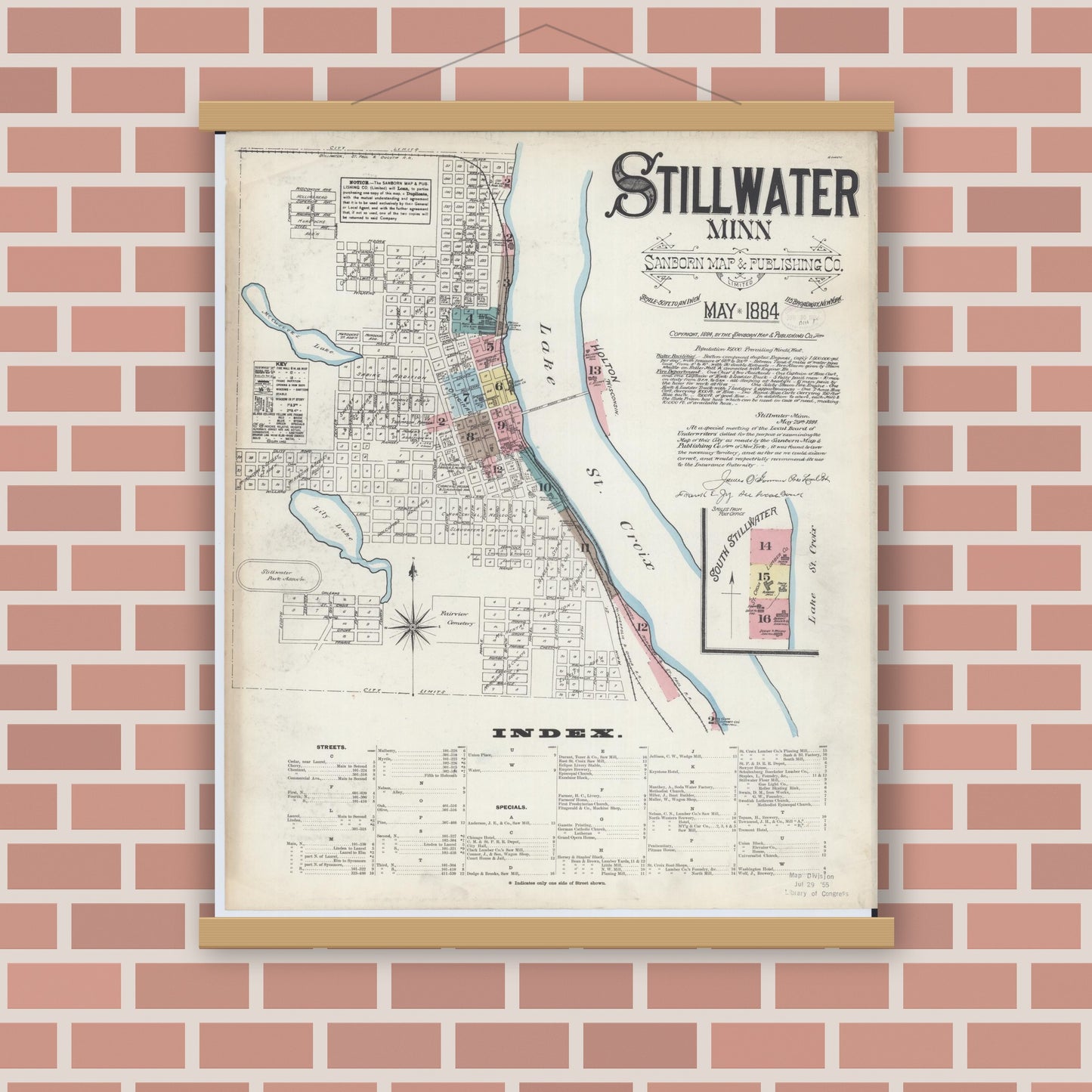 Old map wall art mockup — magnetic wood frame on brick wall — Sanborn Fire Insurance Map from Stillwater, Washington County, Minnesota (1884) - Complete Map Set