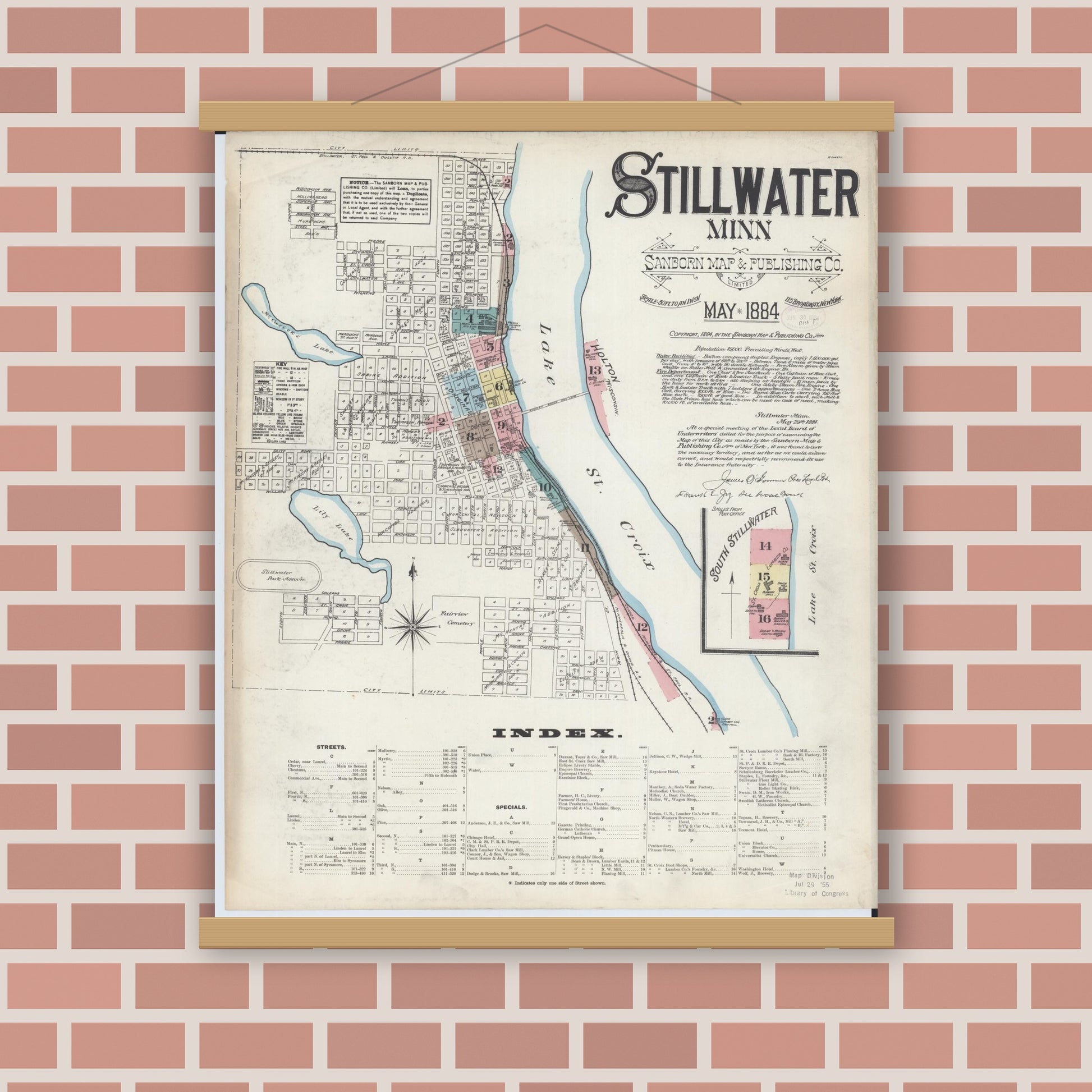 Old map wall art mockup — magnetic wood frame on brick wall — Sanborn Fire Insurance Map from Stillwater, Washington County, Minnesota (1884) - Complete Map Set