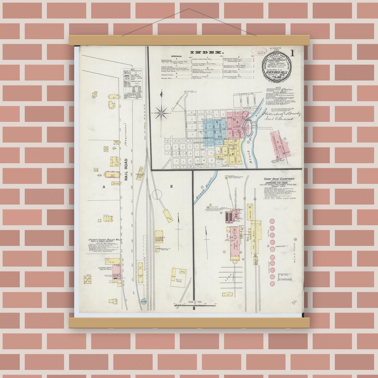 Old map wall art mockup — magnetic wood frame on brick wall — Sanborn Fire Insurance Map from Black River Falls, Jackson County, Wisconsin (1892), Sheet #0001