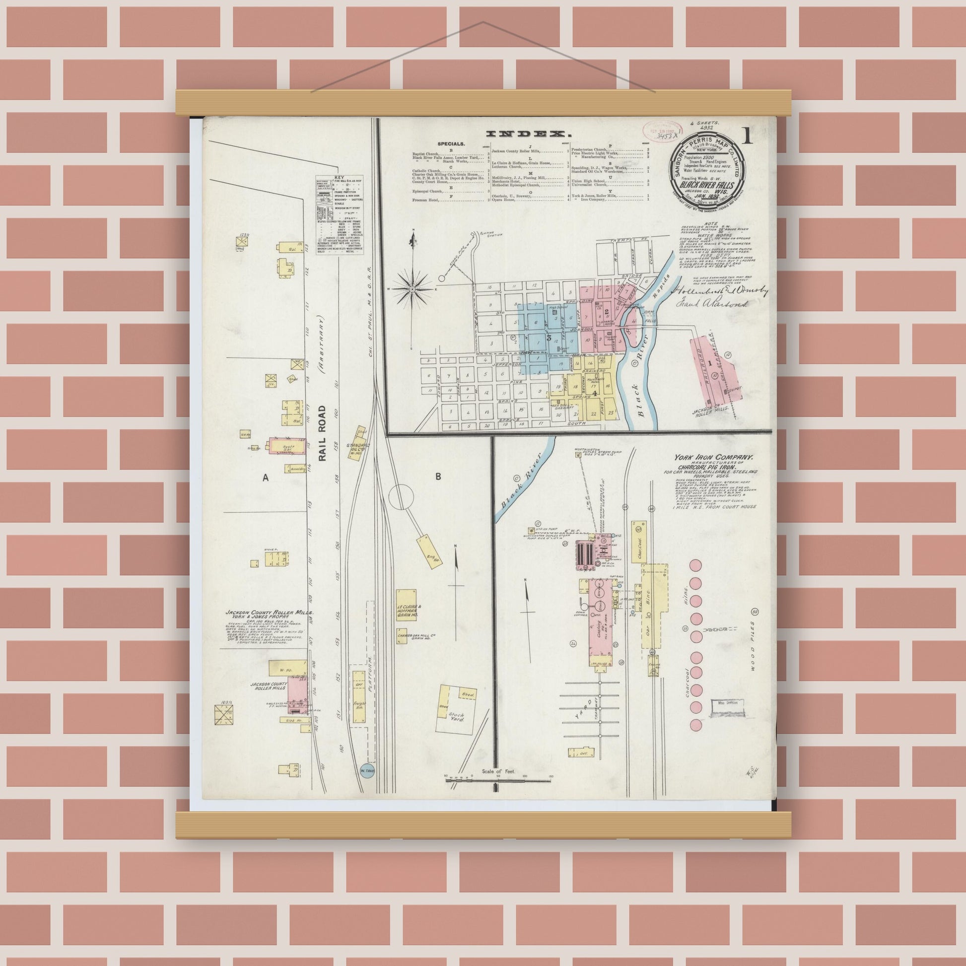 Old map wall art mockup — magnetic wood frame on brick wall — Sanborn Fire Insurance Map from Black River Falls, Jackson County, Wisconsin (1892), Sheet #0001