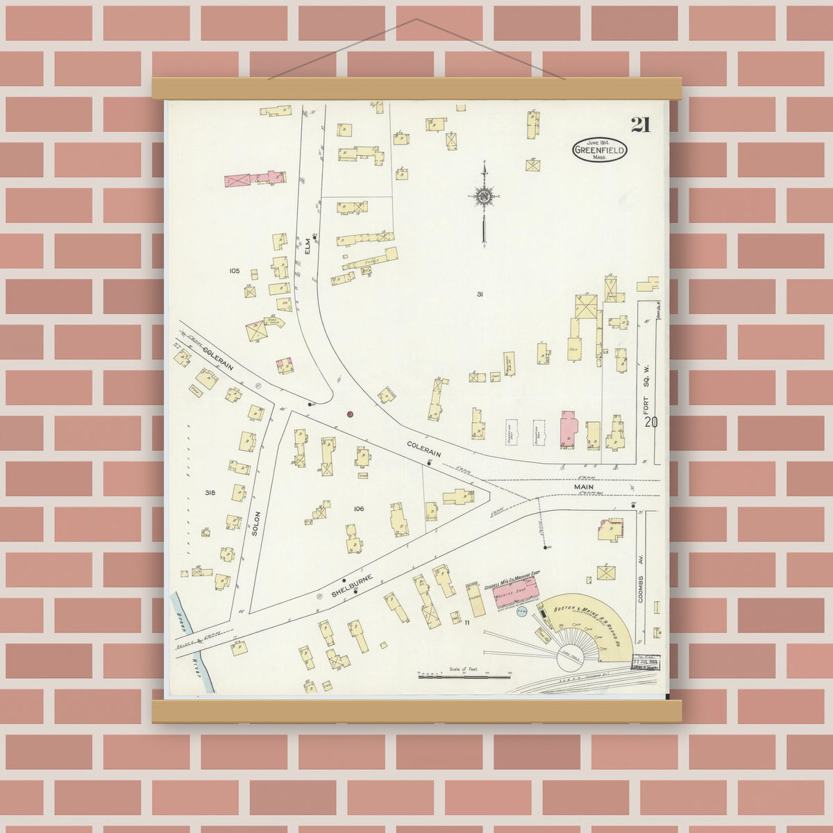 Old map wall art mockup — magnetic wood frame on brick wall — Sanborn Fire Insurance Map from Greenfield, Franklin County, Massachusetts (1914), Sheet #0021
