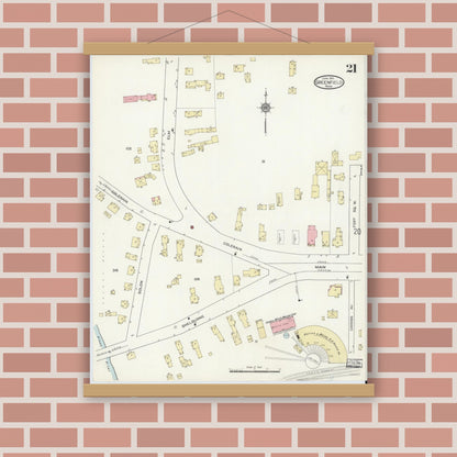 Old map wall art mockup — magnetic wood frame on brick wall — Sanborn Fire Insurance Map from Greenfield, Franklin County, Massachusetts (1914), Sheet #0021