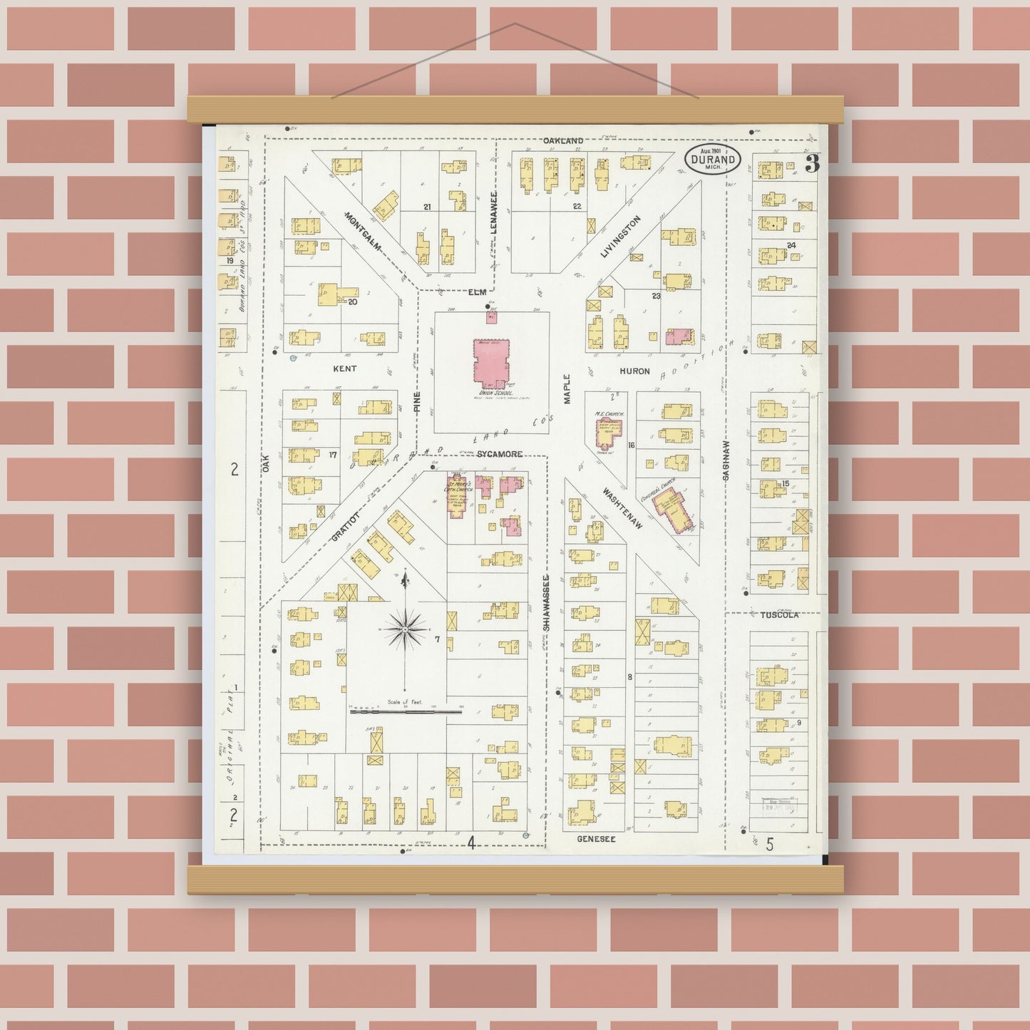 Old map wall art mockup — magnetic wood frame on brick wall — Sanborn Fire Insurance Map from Durand, Shiawassee County, Michigan (1901), Sheet #0003