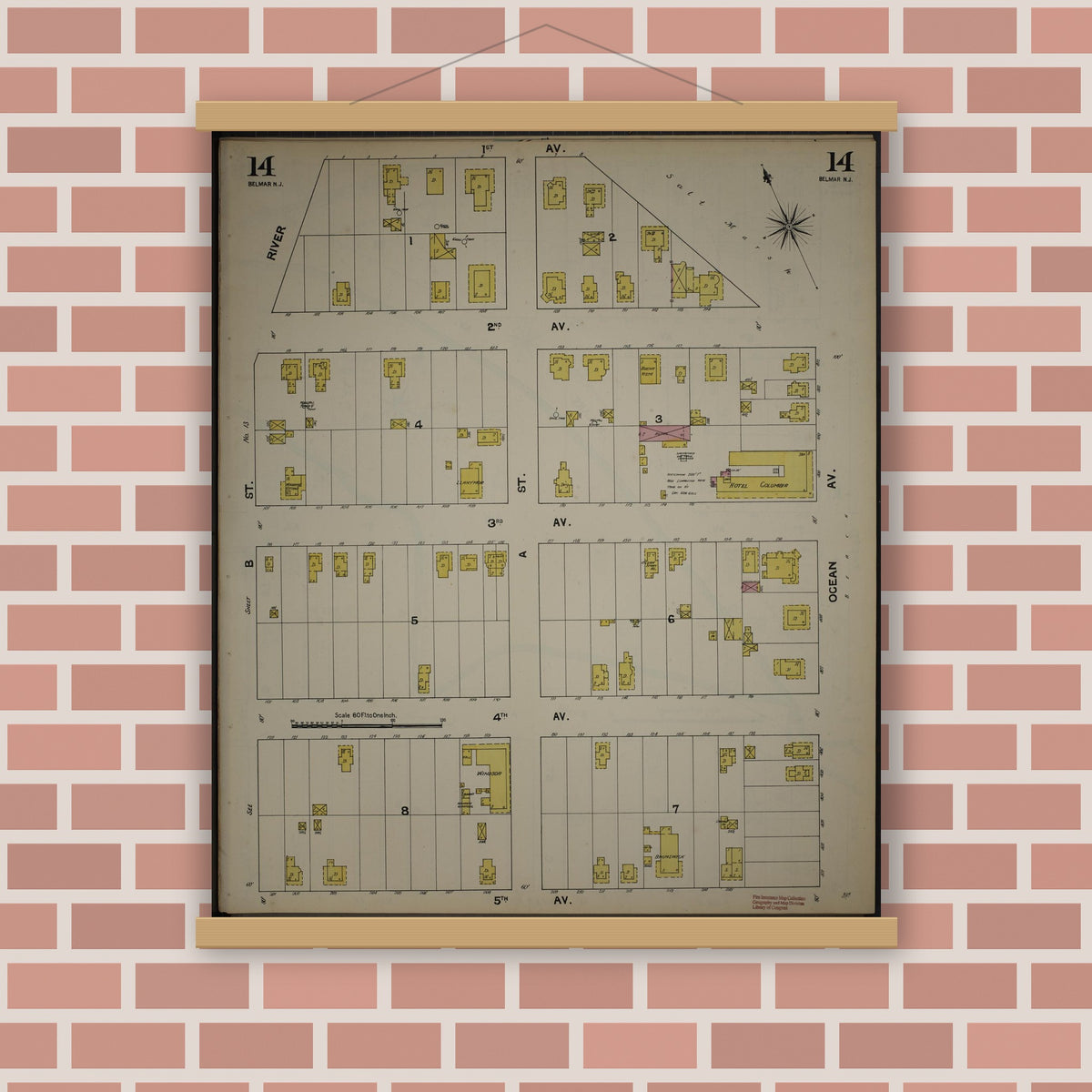 Old map wall art mockup — magnetic wood frame on brick wall — Sanborn Fire Insurance Map from New Jersey Coast, New Jersey Coast, New Jersey (1890), Sheet #0014