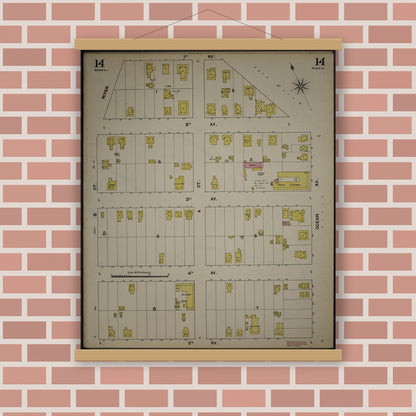 Old map wall art mockup — magnetic wood frame on brick wall — Sanborn Fire Insurance Map from New Jersey Coast, New Jersey Coast, New Jersey (1890), Sheet #0014