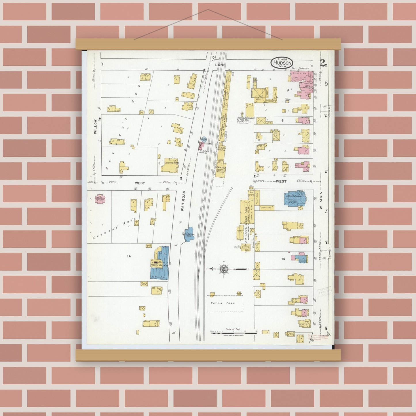 Old map wall art mockup — magnetic wood frame on brick wall — Sanborn Fire Insurance Map from Hudson, Lenawee County, Michigan (1919), Sheet #0002