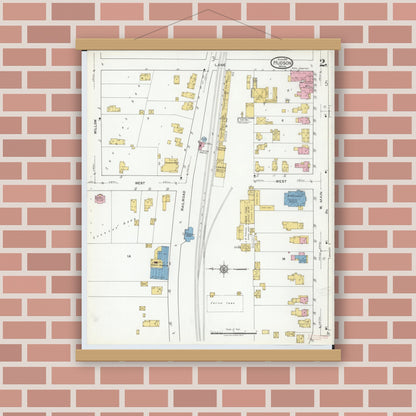 Old map wall art mockup — magnetic wood frame on brick wall — Sanborn Fire Insurance Map from Hudson, Lenawee County, Michigan (1919), Sheet #0002