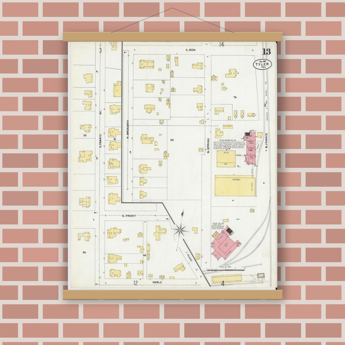 Old map wall art mockup — magnetic wood frame on brick wall — Sanborn Fire Insurance Map from Tyler, Smith County, Texas (1902), Sheet #0013