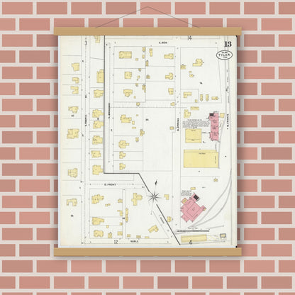 Old map wall art mockup — magnetic wood frame on brick wall — Sanborn Fire Insurance Map from Tyler, Smith County, Texas (1902), Sheet #0013