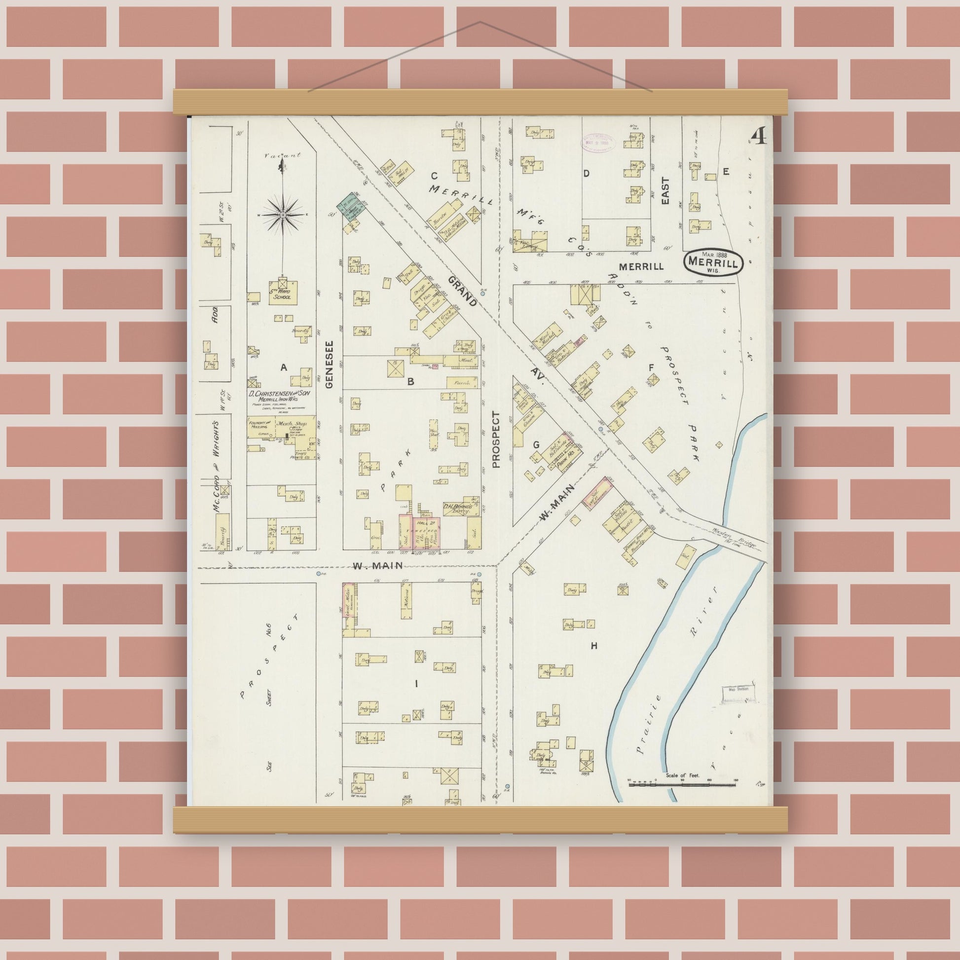 Old map wall art mockup — magnetic wood frame on brick wall — Sanborn Fire Insurance Map from Merrill, Lincoln County, Wisconsin (1888), Sheet #0004