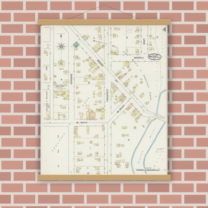 Old map wall art mockup — magnetic wood frame on brick wall — Sanborn Fire Insurance Map from Merrill, Lincoln County, Wisconsin (1888), Sheet #0004