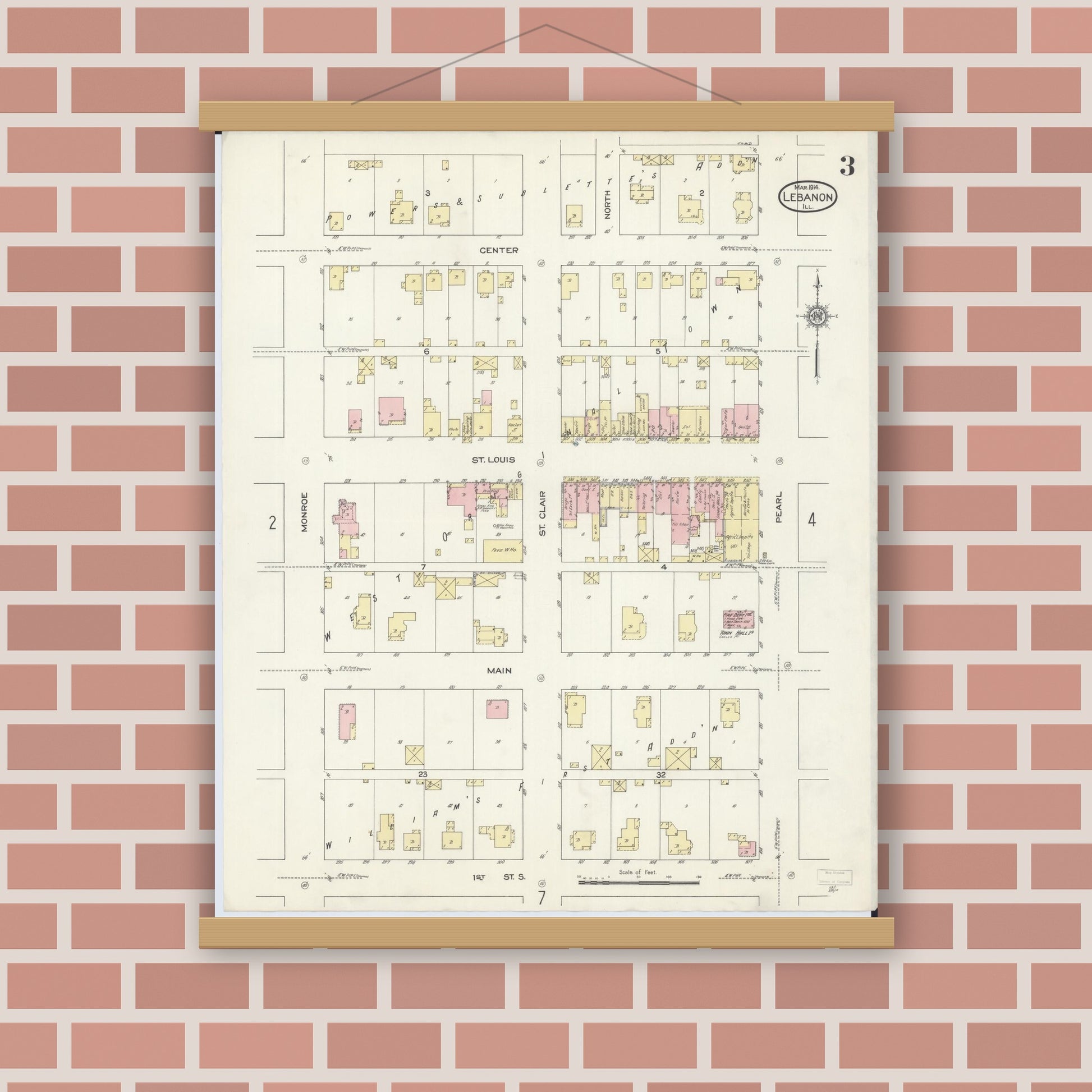 Old map wall art mockup — magnetic wood frame on brick wall — Sanborn Fire Insurance Map from Lebanon, Saint Clair County, Illinois (1914), Sheet #0003
