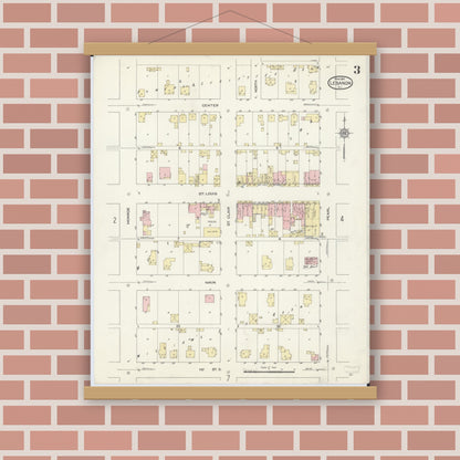 Old map wall art mockup — magnetic wood frame on brick wall — Sanborn Fire Insurance Map from Lebanon, Saint Clair County, Illinois (1914), Sheet #0003