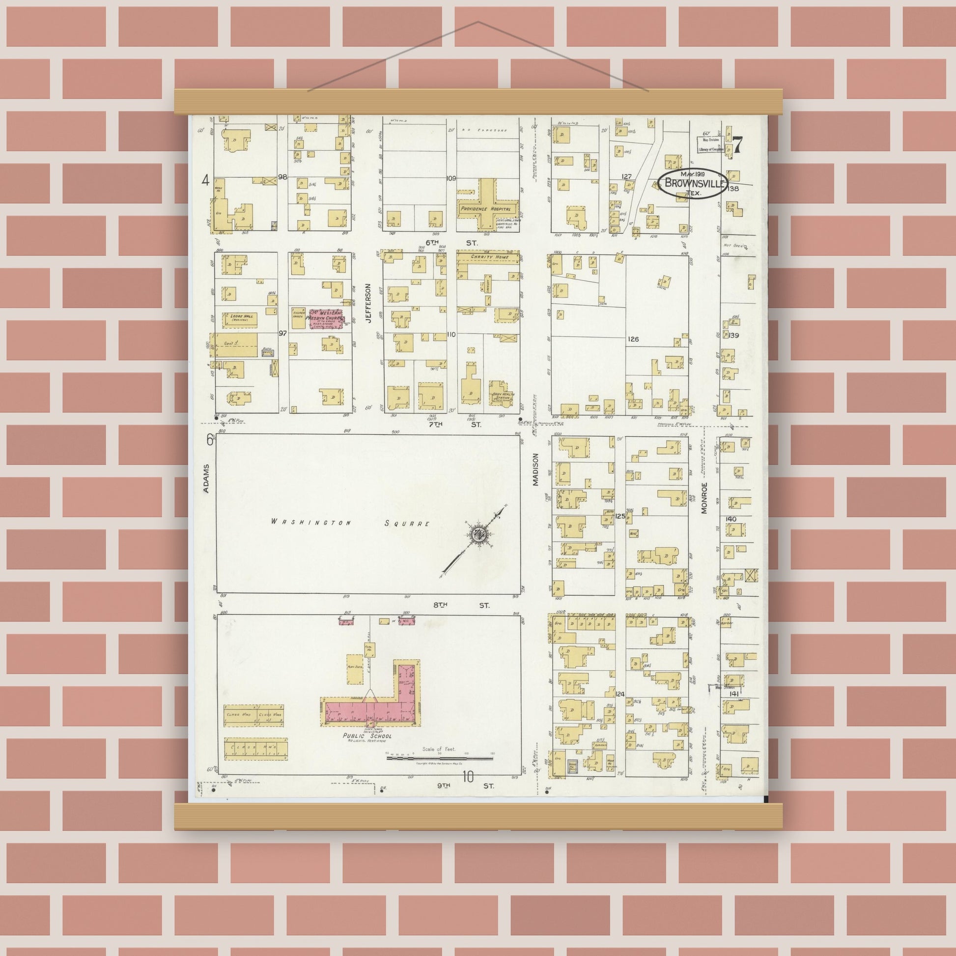 Old map wall art mockup — magnetic wood frame on brick wall — Sanborn Fire Insurance Map from Brownsville, Cameron County, Texas (1919), Sheet #0007