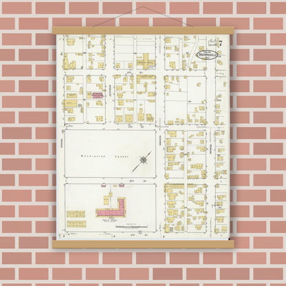 Old map wall art mockup — magnetic wood frame on brick wall — Sanborn Fire Insurance Map from Brownsville, Cameron County, Texas (1919), Sheet #0007