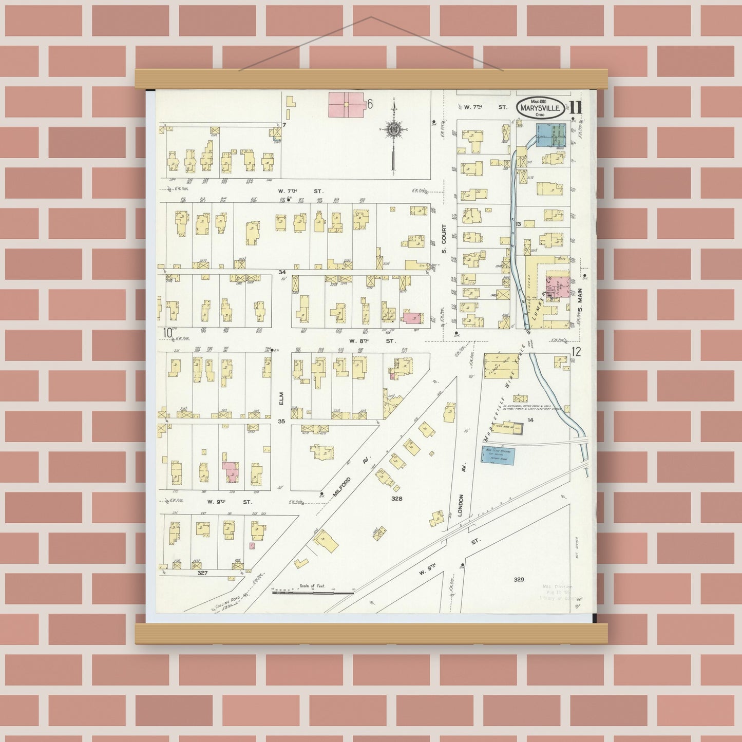 Old map wall art mockup — magnetic wood frame on brick wall — Sanborn Fire Insurance Map from Marysville, Union County, Ohio (1910), Sheet #0011