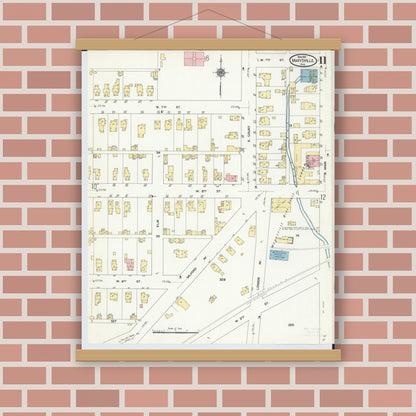 Old map wall art mockup — magnetic wood frame on brick wall — Sanborn Fire Insurance Map from Marysville, Union County, Ohio (1910), Sheet #0011