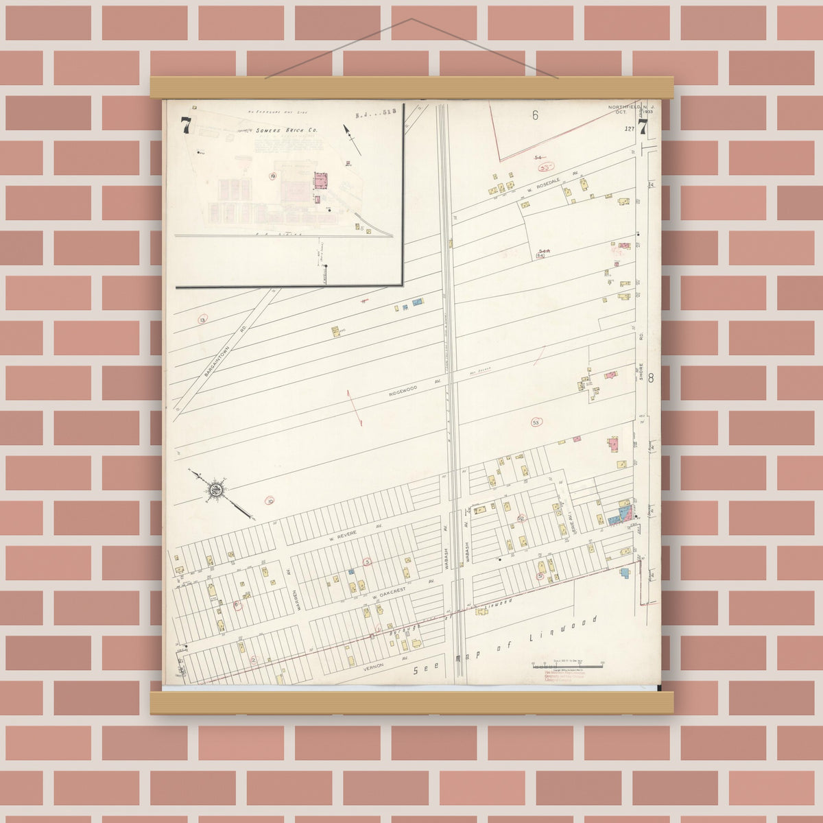 Old map wall art mockup — magnetic wood frame on brick wall — Sanborn Fire Insurance Map from Northfield, Atlantic County, New Jersey (1942), Sheet #0007