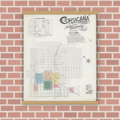 Old map wall art mockup — magnetic wood frame on brick wall — Sanborn Fire Insurance Map from Corsicana, Navarro County, Texas (1889), Sheet #0001