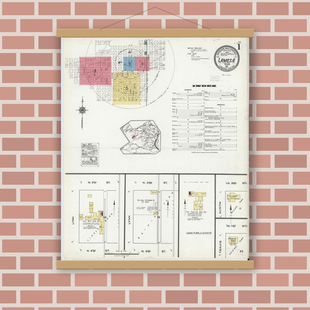 Old map wall art mockup — magnetic wood frame on brick wall — Sanborn Fire Insurance Map from Lamesa, Dawson County, Texas (1921) - Complete Map Set