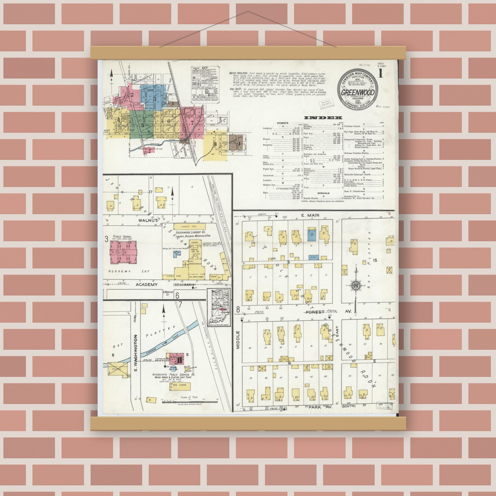 Old map wall art mockup — magnetic wood frame on brick wall — Sanborn Fire Insurance Map from Greenwood, Johnson County, Indiana (1920) - Complete Map Set