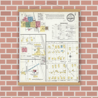 Old map wall art mockup — magnetic wood frame on brick wall — Sanborn Fire Insurance Map from Greenwood, Johnson County, Indiana (1920) - Complete Map Set