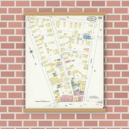 Old map wall art mockup — magnetic wood frame on brick wall — Sanborn Fire Insurance Map from Greenfield, Franklin County, Massachusetts (1909), Sheet #0020