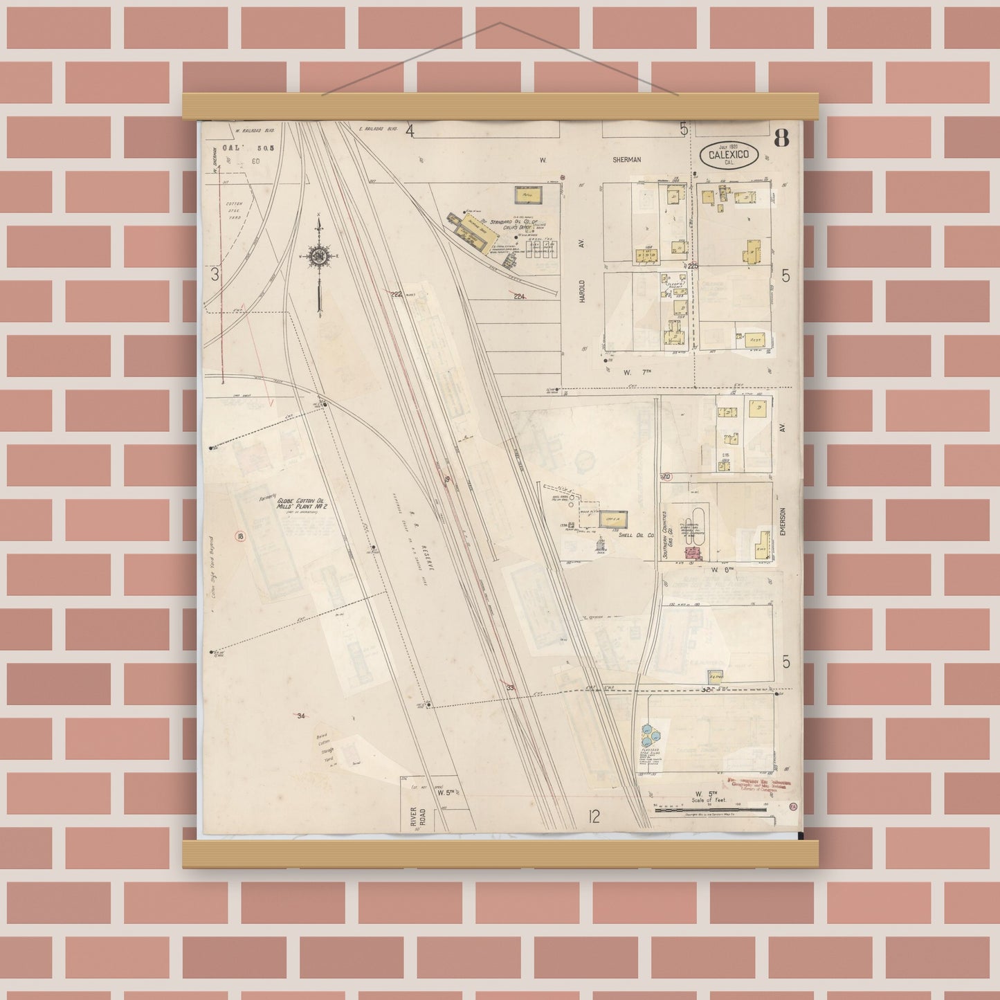Old map wall art mockup — magnetic wood frame on brick wall — Sanborn Fire Insurance Map from Calexico, Imperial County, California (1949), Sheet #0008