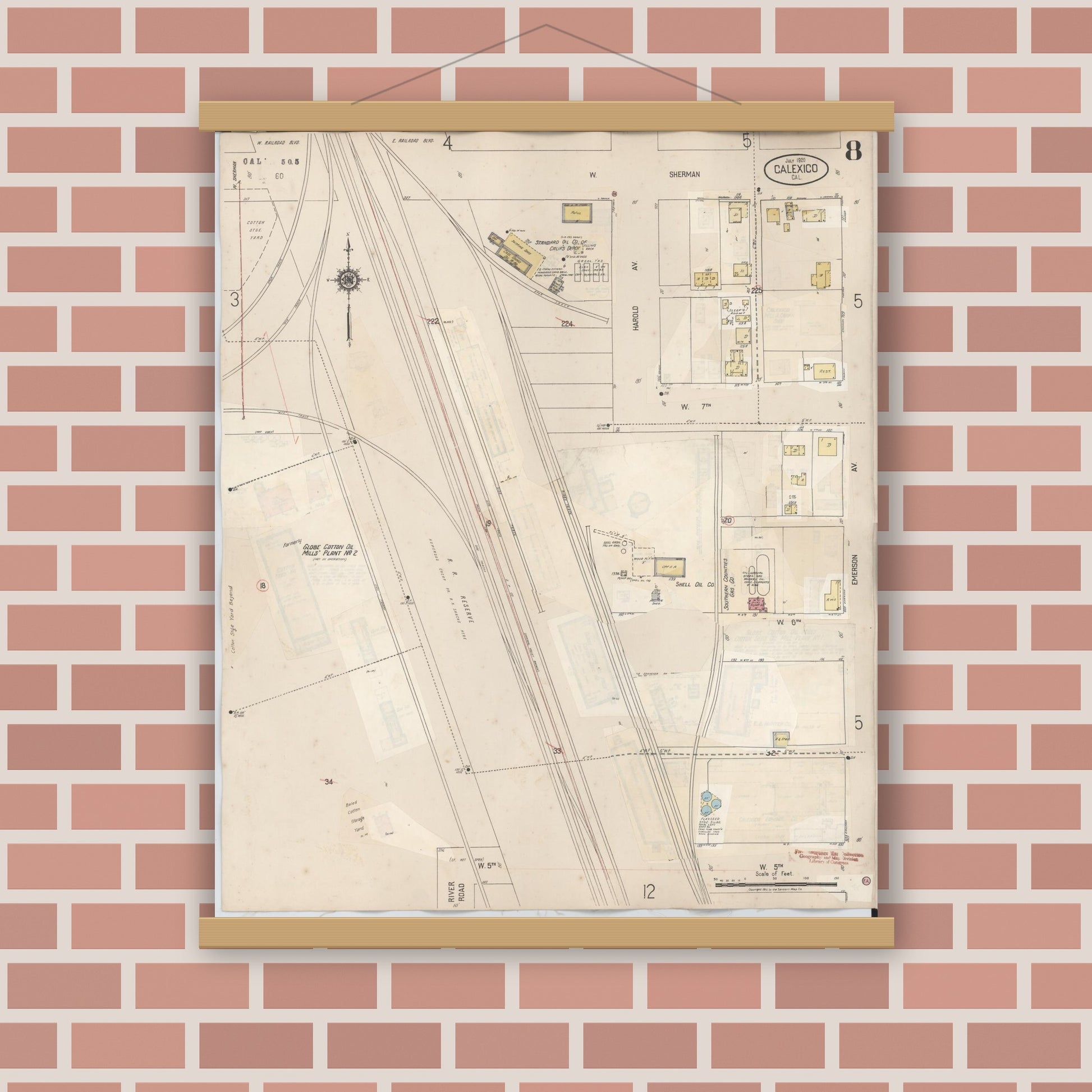 Old map wall art mockup — magnetic wood frame on brick wall — Sanborn Fire Insurance Map from Calexico, Imperial County, California (1949), Sheet #0008
