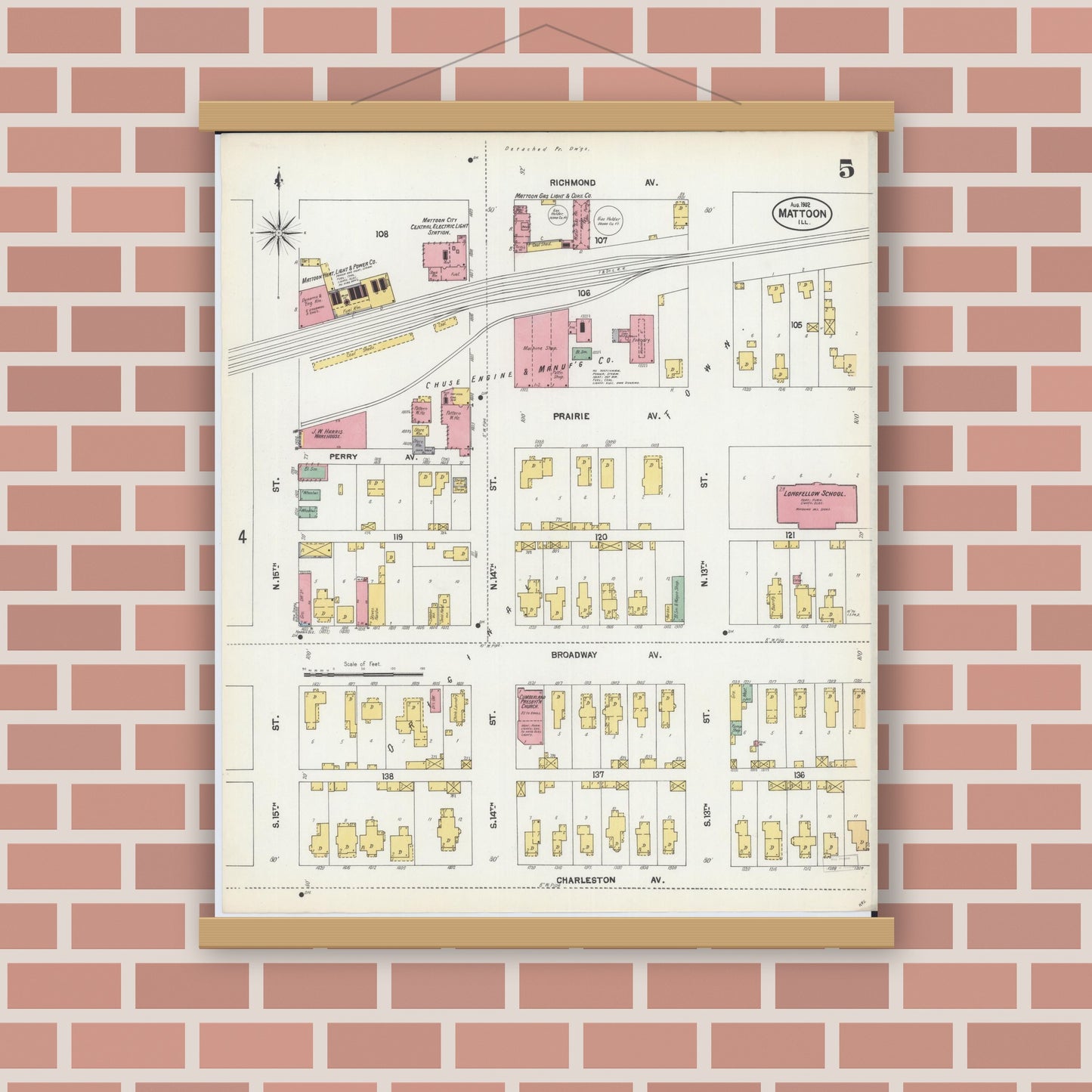 Old map wall art mockup — magnetic wood frame on brick wall — Sanborn Fire Insurance Map from Mattoon, Coles County, Illinois (1902), Sheet #0005