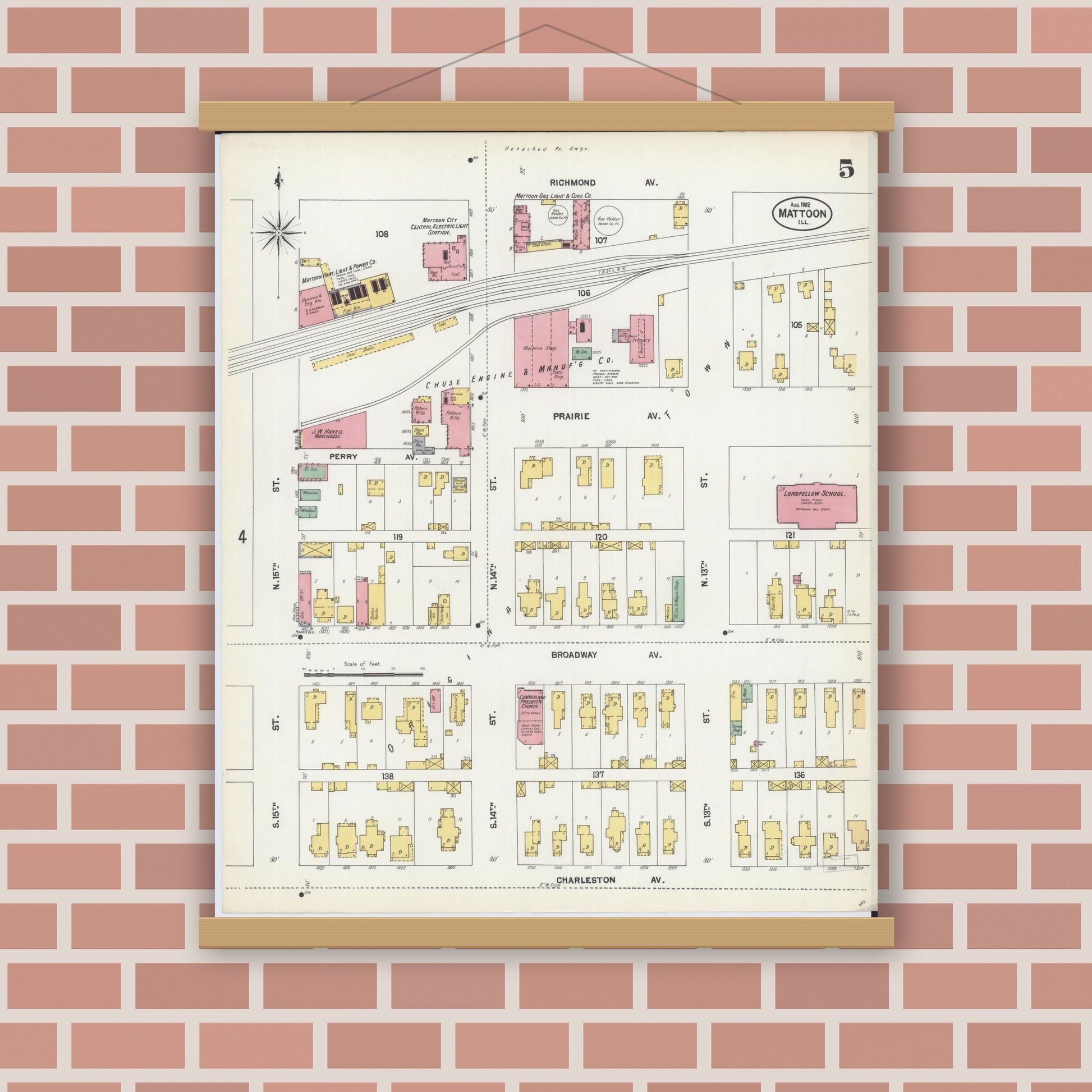 Old map wall art mockup — magnetic wood frame on brick wall — Sanborn Fire Insurance Map from Mattoon, Coles County, Illinois (1902), Sheet #0005