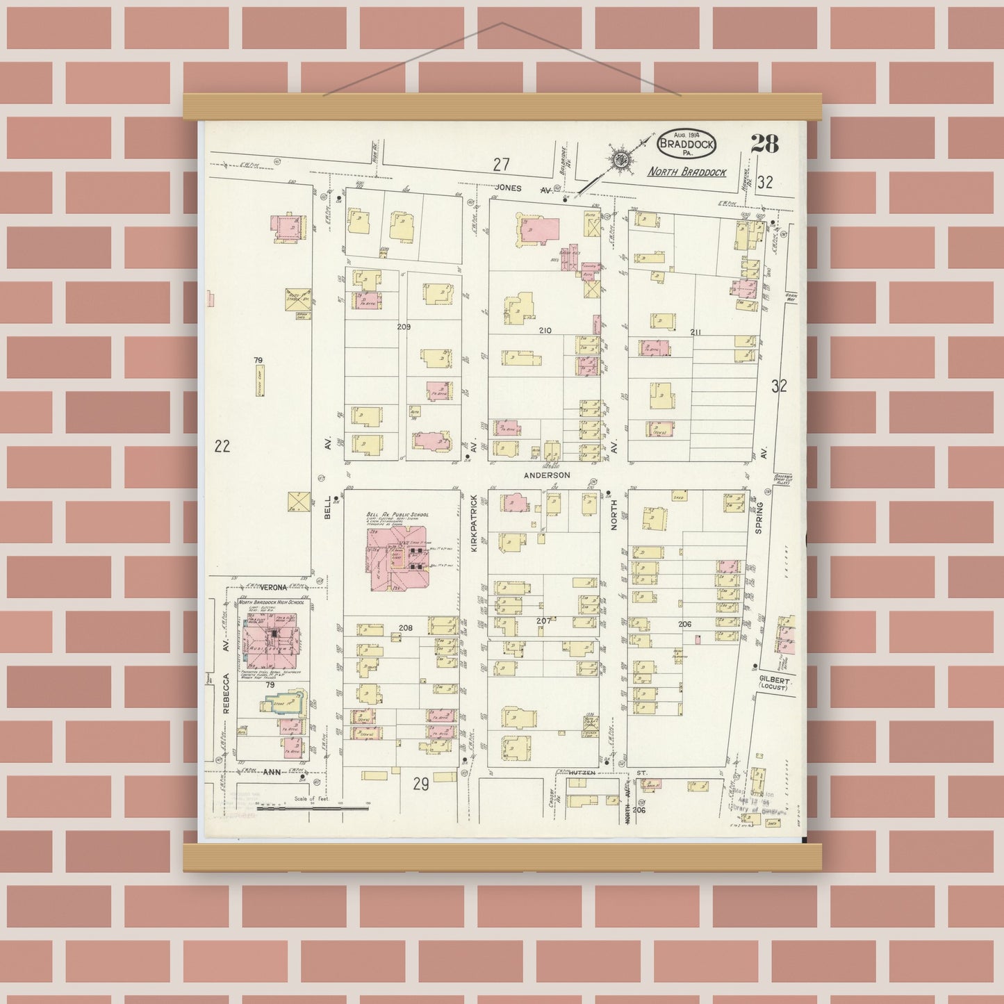 Old map wall art mockup — magnetic wood frame on brick wall — Sanborn Fire Insurance Map from Braddock, Allegheny County, Pennsylvania (1914), Sheet #0028