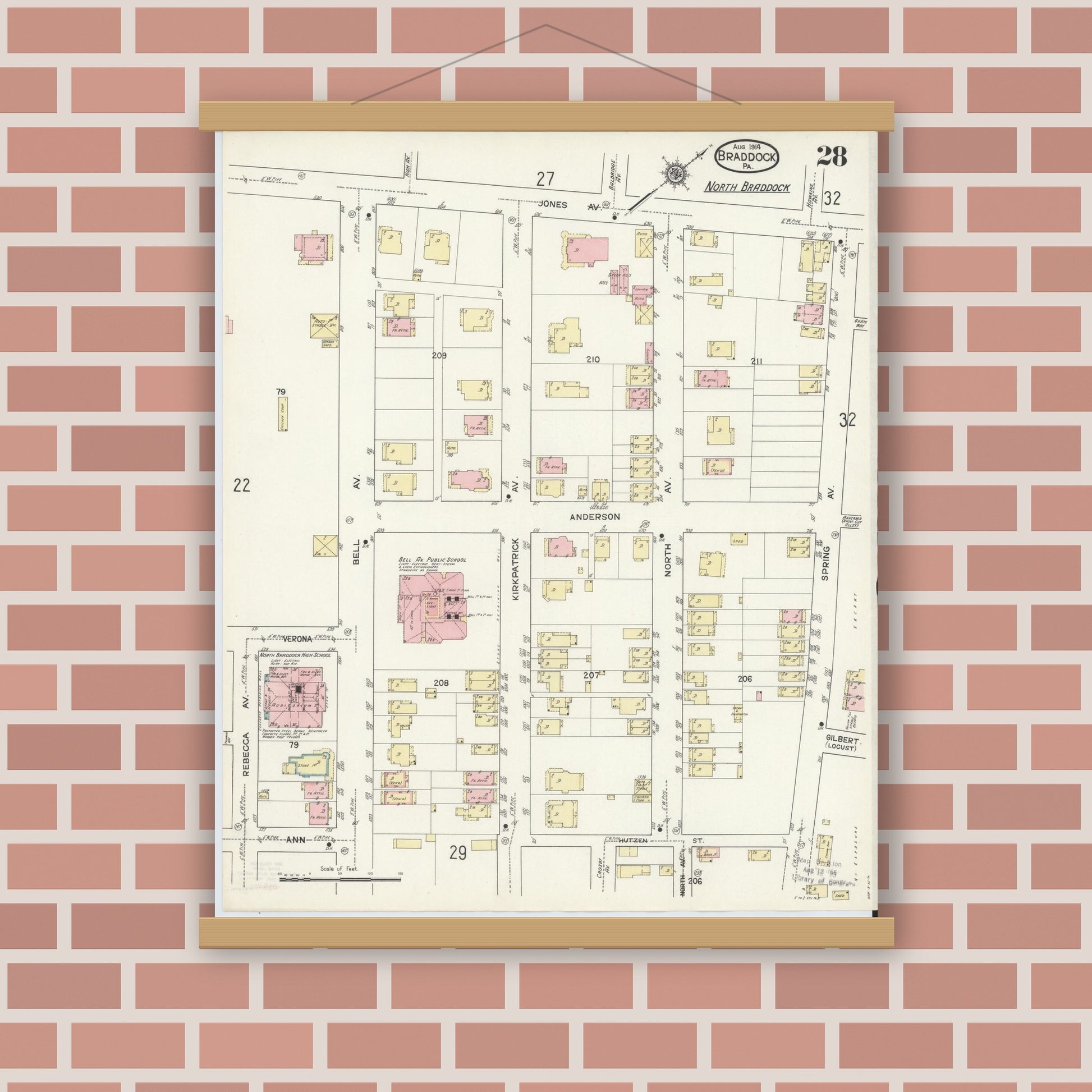Old map wall art mockup — magnetic wood frame on brick wall — Sanborn Fire Insurance Map from Braddock, Allegheny County, Pennsylvania (1914), Sheet #0028