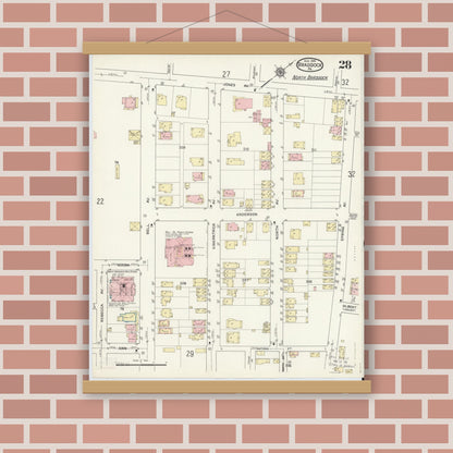 Old map wall art mockup — magnetic wood frame on brick wall — Sanborn Fire Insurance Map from Braddock, Allegheny County, Pennsylvania (1914), Sheet #0028