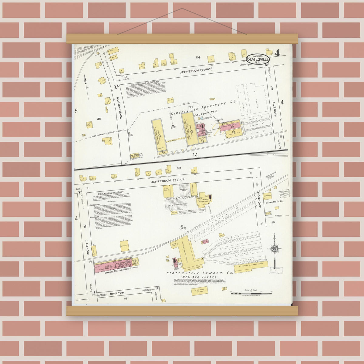 Old map wall art mockup — magnetic wood frame on brick wall — Sanborn Fire Insurance Map from Statesville, Iredell County, North Carolina (1918), Sheet #0004