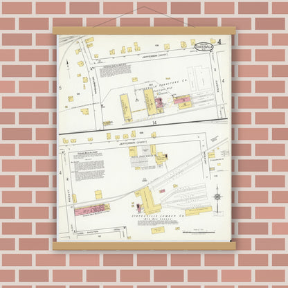 Old map wall art mockup — magnetic wood frame on brick wall — Sanborn Fire Insurance Map from Statesville, Iredell County, North Carolina (1918), Sheet #0004