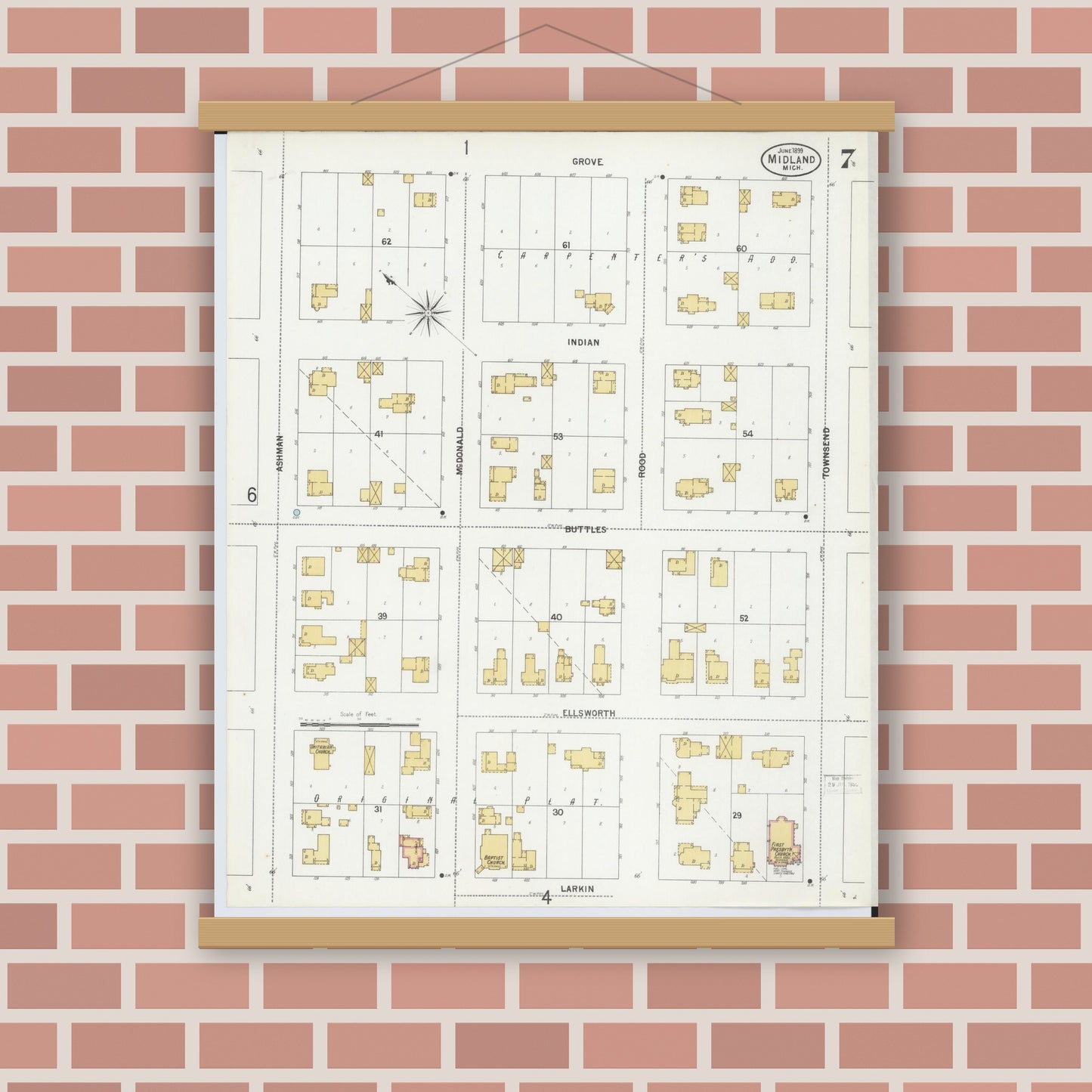Old map wall art mockup — magnetic wood frame on brick wall — Sanborn Fire Insurance Map from Midland, Midland County, Michigan (1899), Sheet #0007