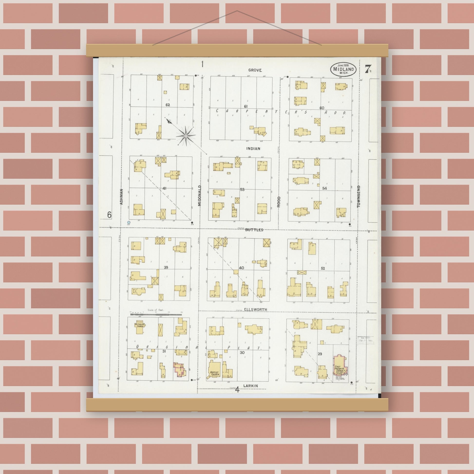 Old map wall art mockup — magnetic wood frame on brick wall — Sanborn Fire Insurance Map from Midland, Midland County, Michigan (1899), Sheet #0007