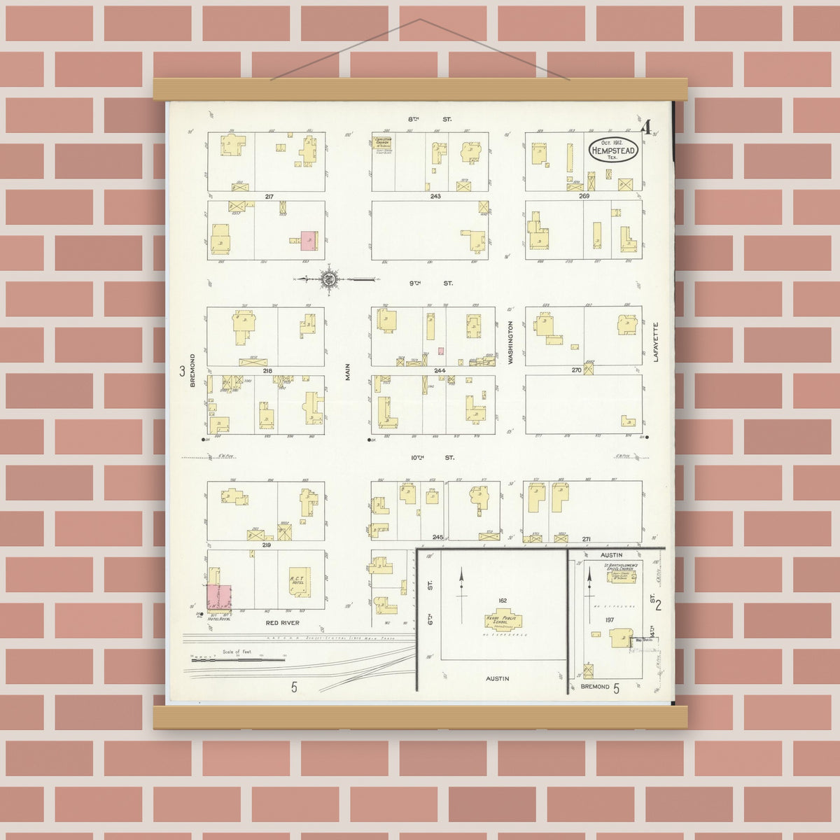 Old map wall art mockup — magnetic wood frame on brick wall — Sanborn Fire Insurance Map from Hempstead, Waller County, Texas (1912), Sheet #0004