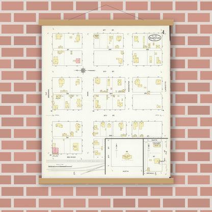 Old map wall art mockup — magnetic wood frame on brick wall — Sanborn Fire Insurance Map from Hempstead, Waller County, Texas (1912), Sheet #0004