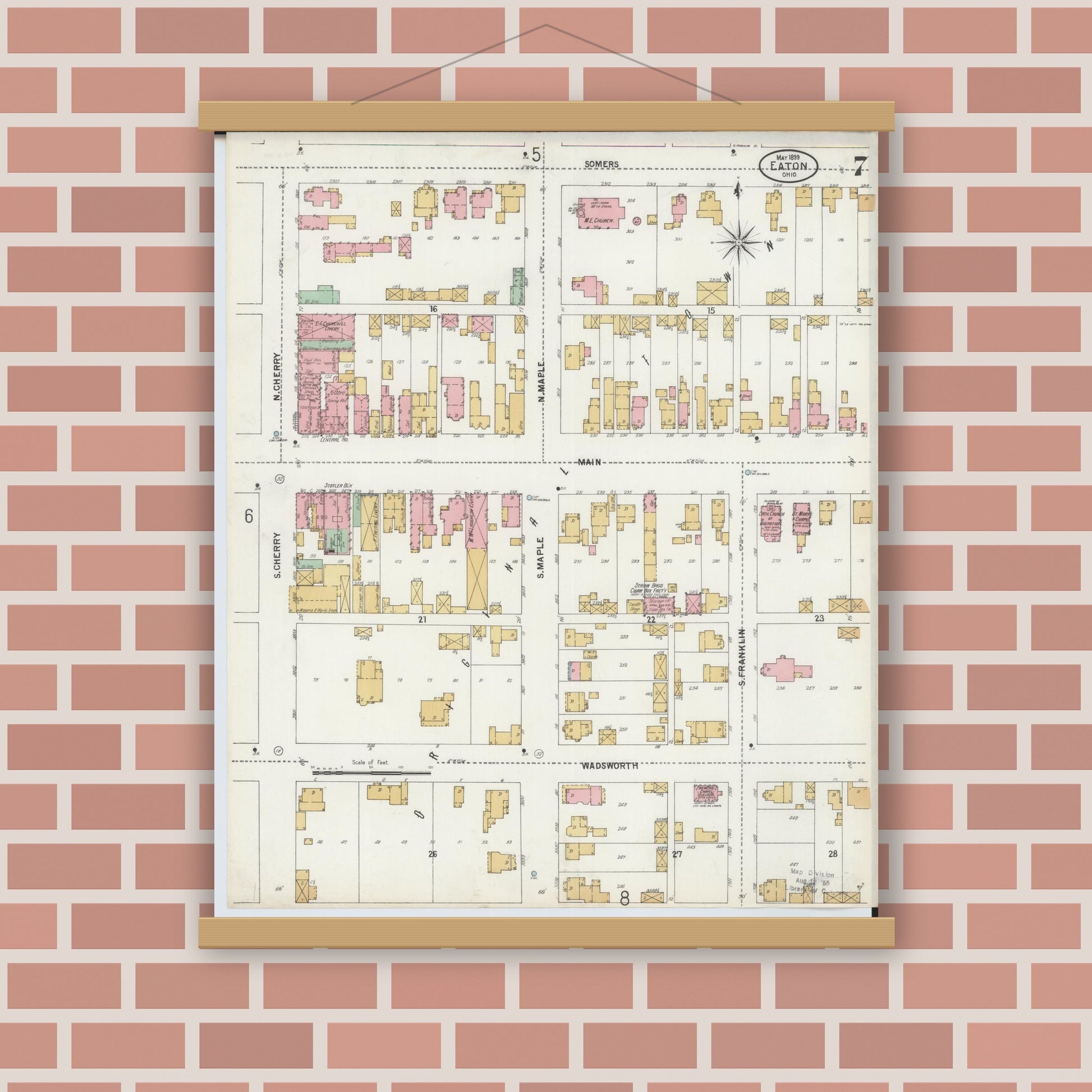 Old map wall art mockup — magnetic wood frame on brick wall — Sanborn Fire Insurance Map from Eaton, Preble County, Ohio (1899), Sheet #0007