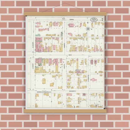 Old map wall art mockup — magnetic wood frame on brick wall — Sanborn Fire Insurance Map from Eaton, Preble County, Ohio (1899), Sheet #0007