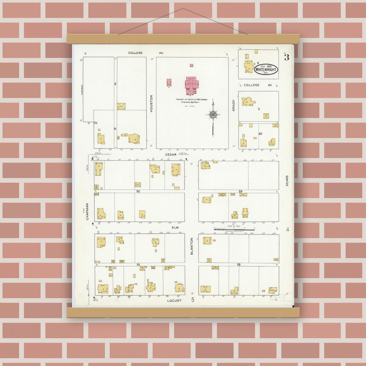 Old map wall art mockup — magnetic wood frame on brick wall — Sanborn Fire Insurance Map from Whitewright, Grayson County, Texas (1920), Sheet #0003