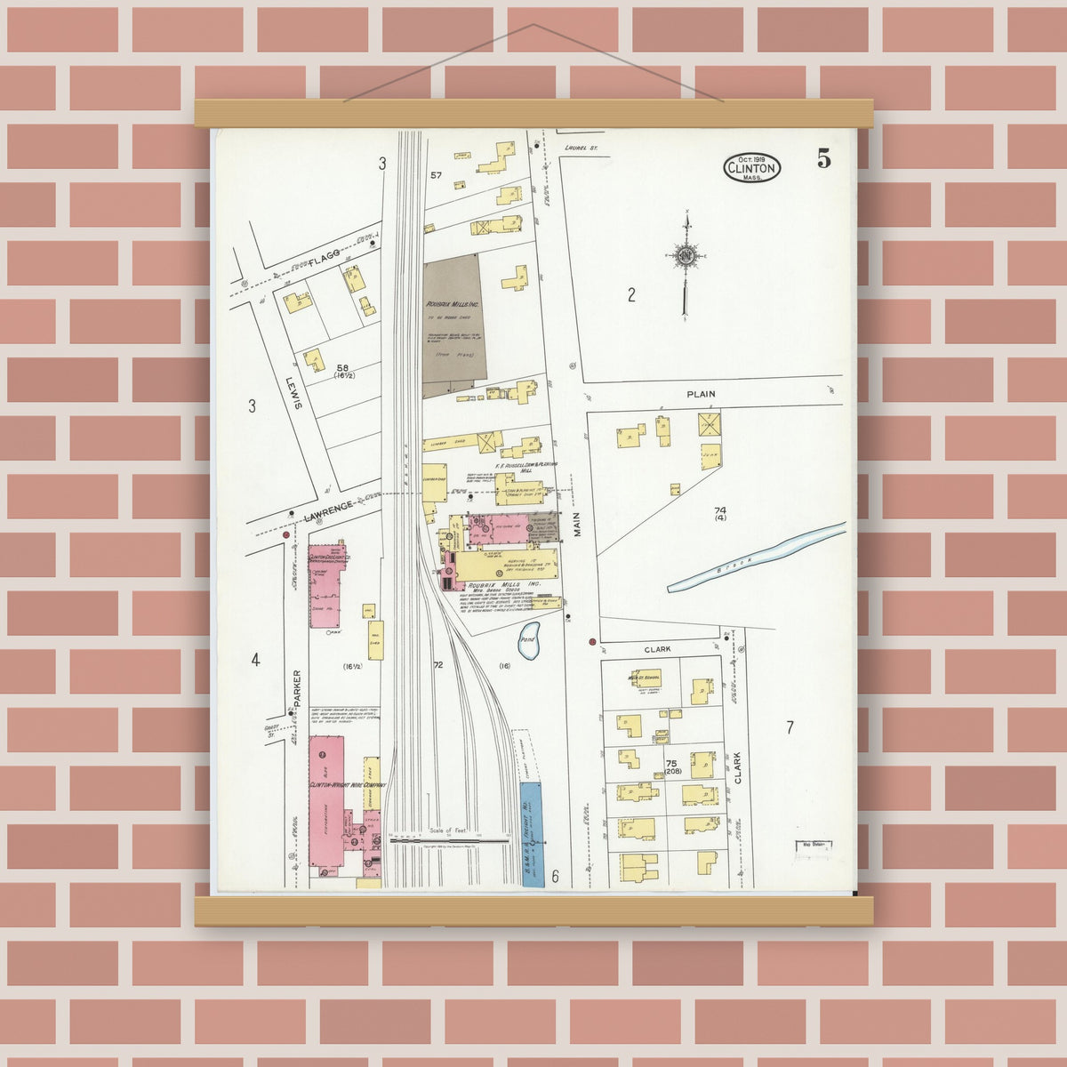 Old map wall art mockup — magnetic wood frame on brick wall — Sanborn Fire Insurance Map from Clinton, Worcester County, Massachusetts (1919), Sheet #0005