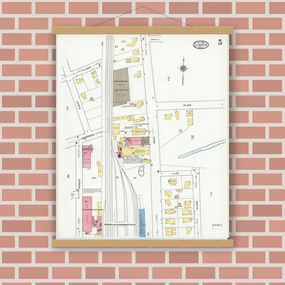 Old map wall art mockup — magnetic wood frame on brick wall — Sanborn Fire Insurance Map from Clinton, Worcester County, Massachusetts (1919), Sheet #0005