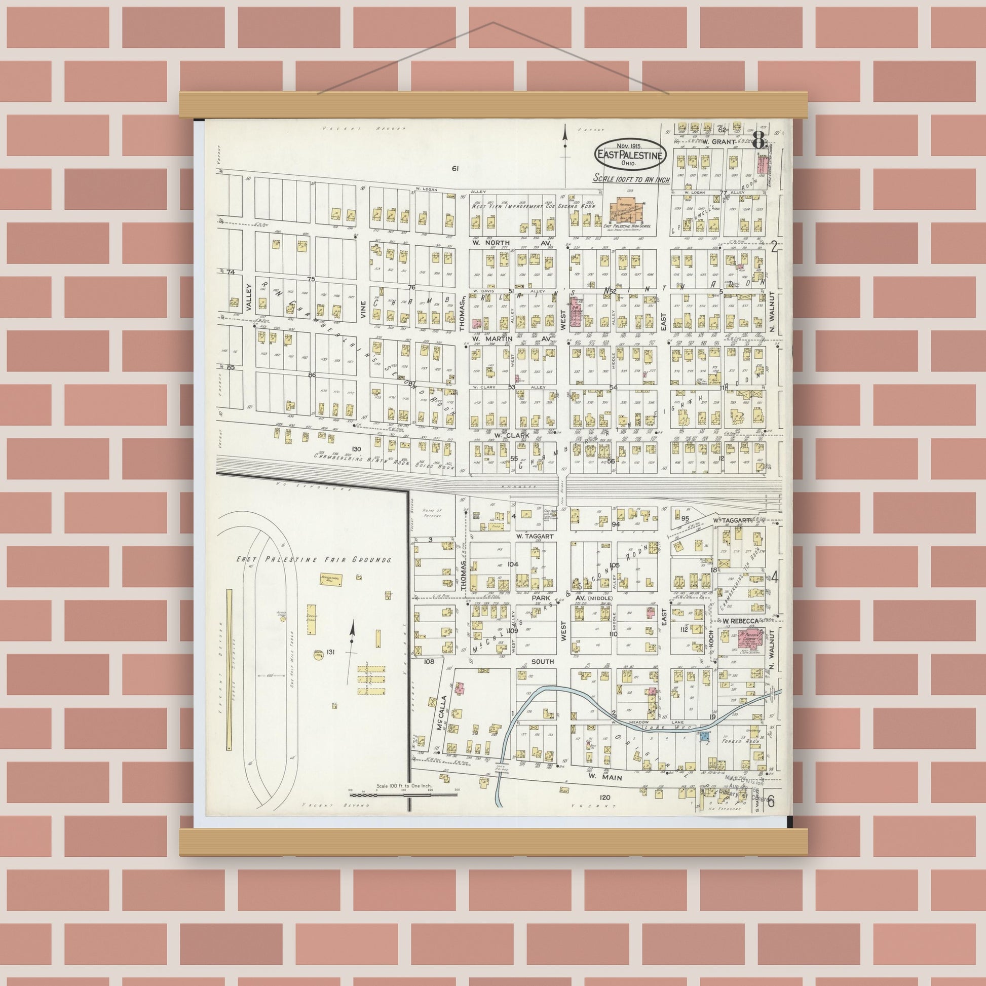 Old map wall art mockup — magnetic wood frame on brick wall — Sanborn Fire Insurance Map from East Palestine, Columbiana County, Ohio (1915), Sheet #0008